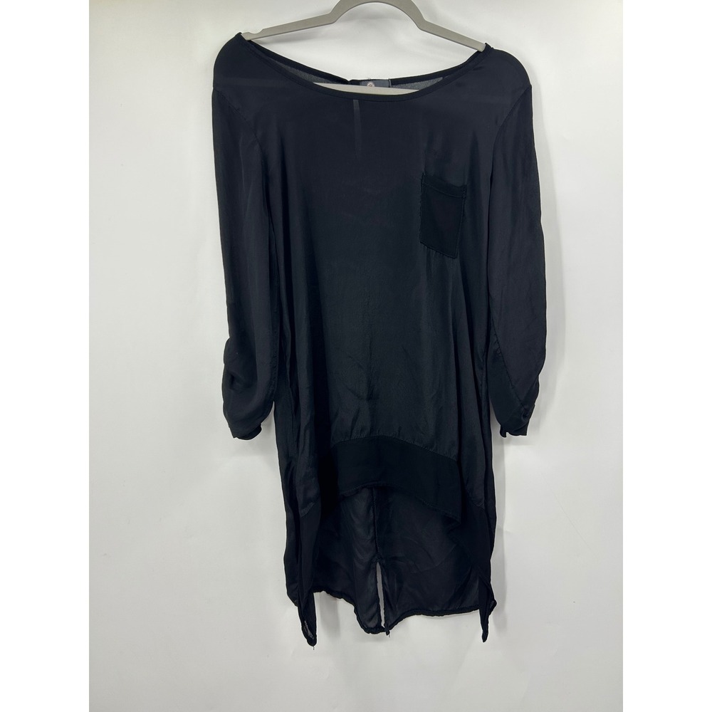 M Made In Italy Black High Low Tunic Top Silk Blend Long Sleeve Button Tab M
